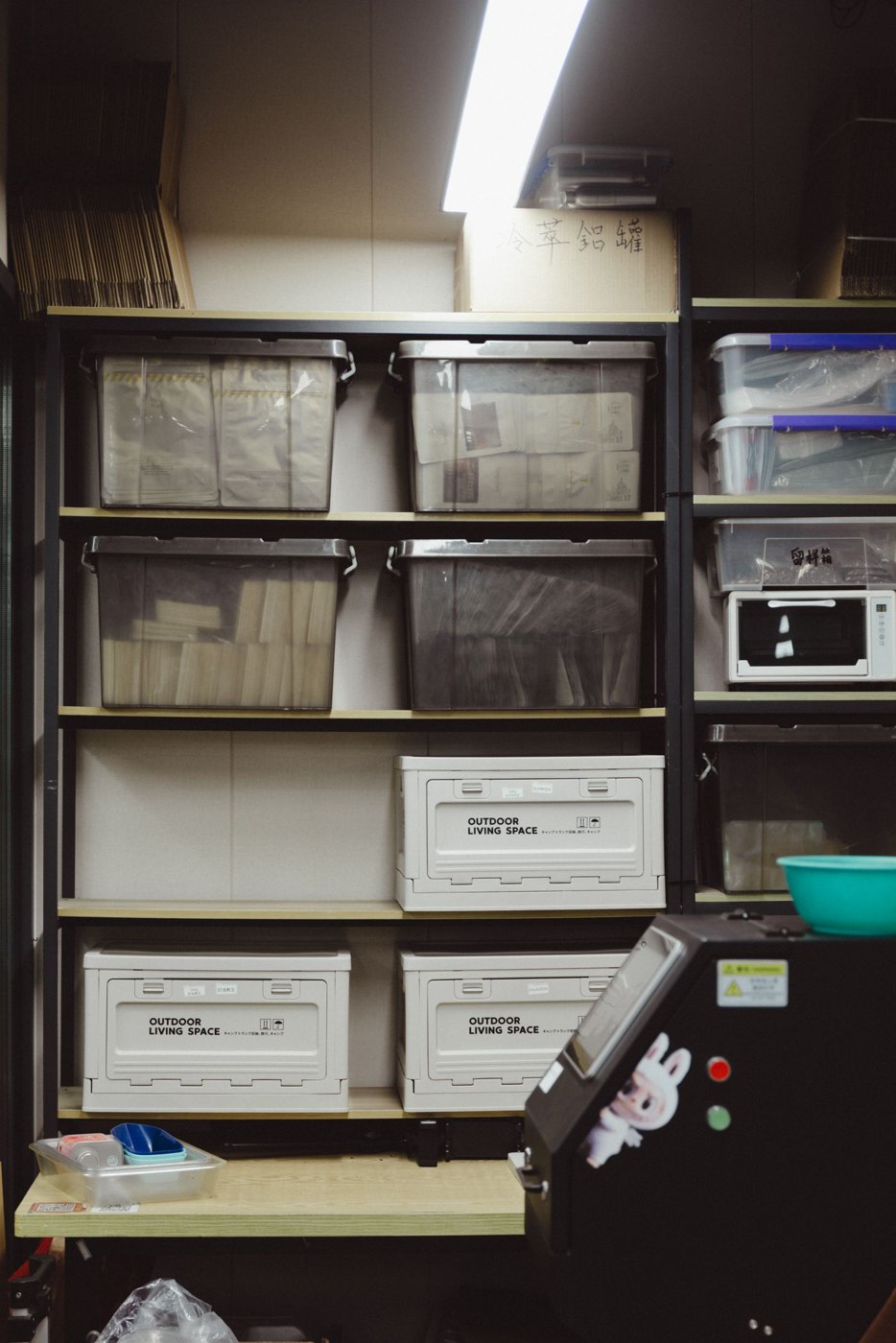 Organized Storage Room with Plastic Containers and Shelves